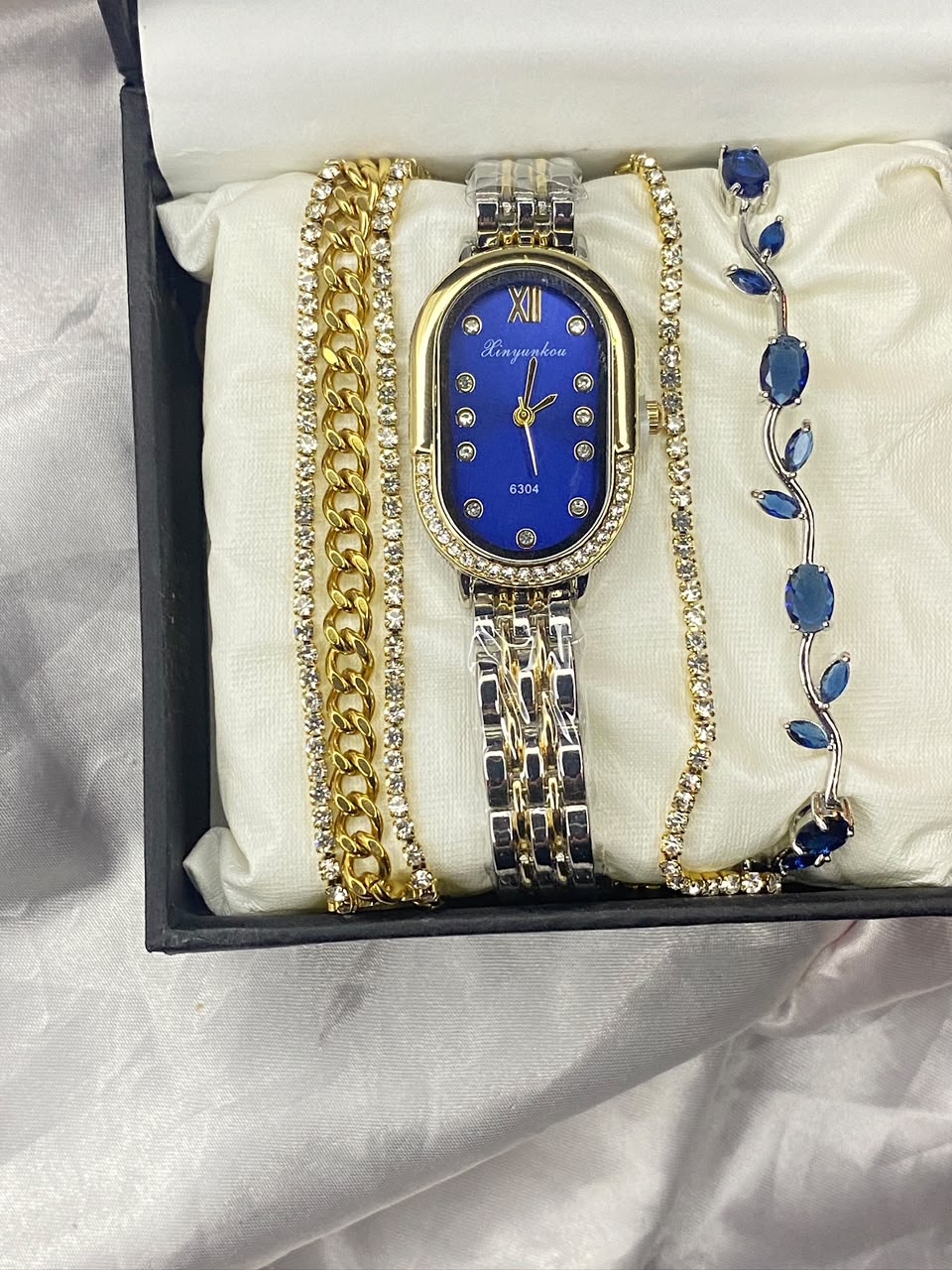 Luxury Royal Blue & Gold Oval Watch Set with Matching Crystal Bracelets – 4-Piece Gift Set