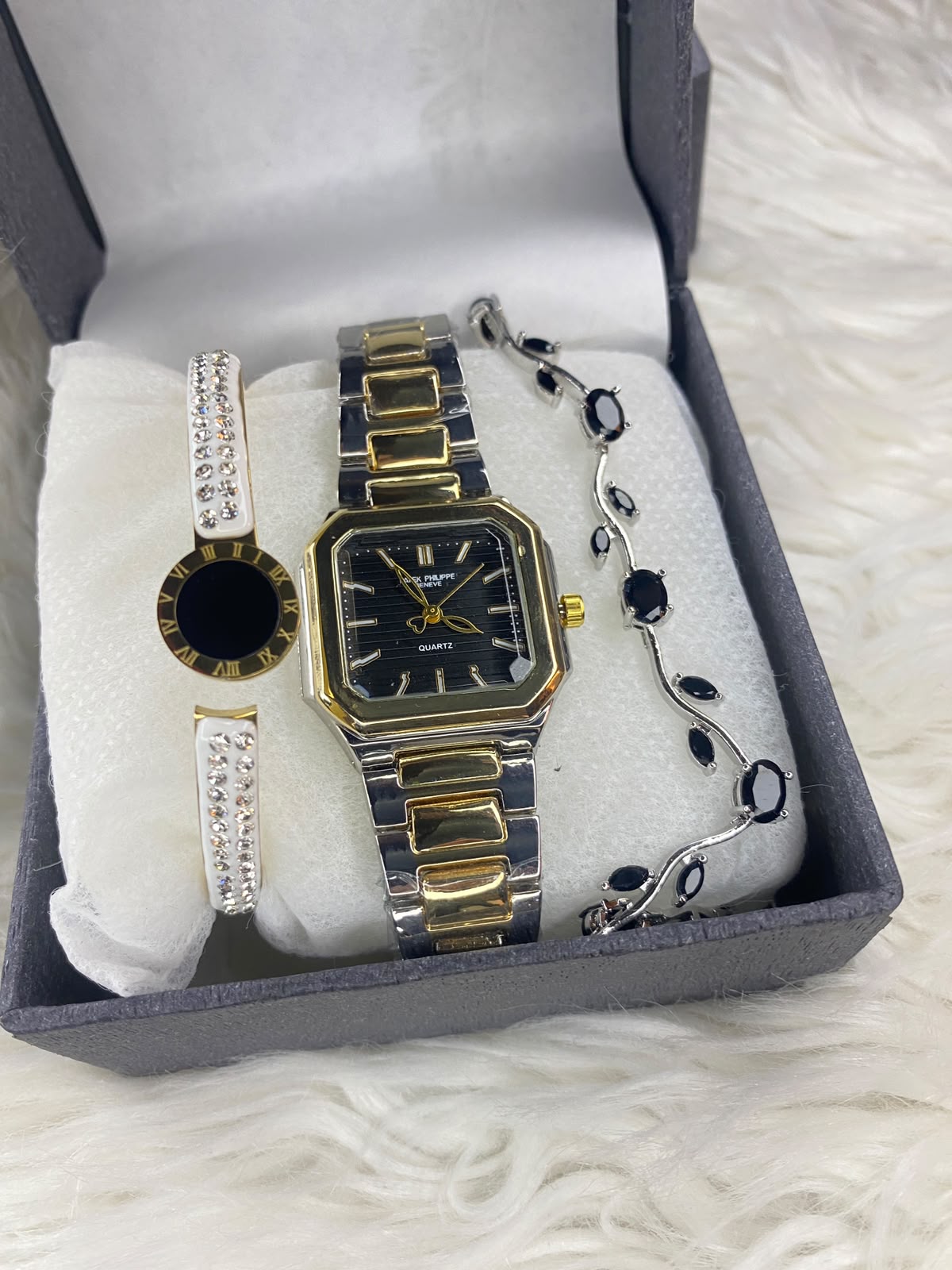 Elegant black -Toned Oval Watch & Matching Bracelet Gift Set for Women