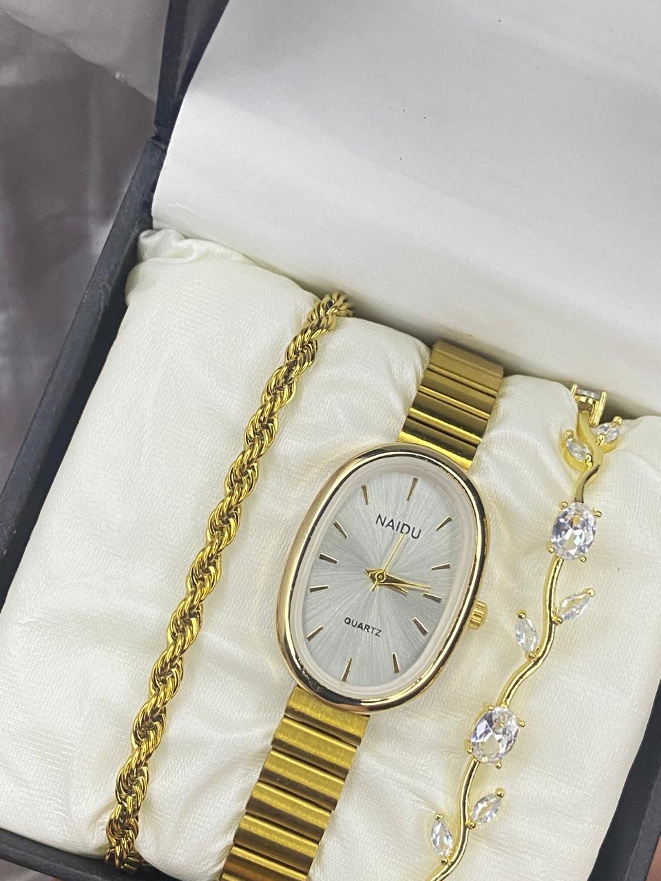 Elegant Gold-Toned Oval Watch & Matching Bracelet Gift Set for Women