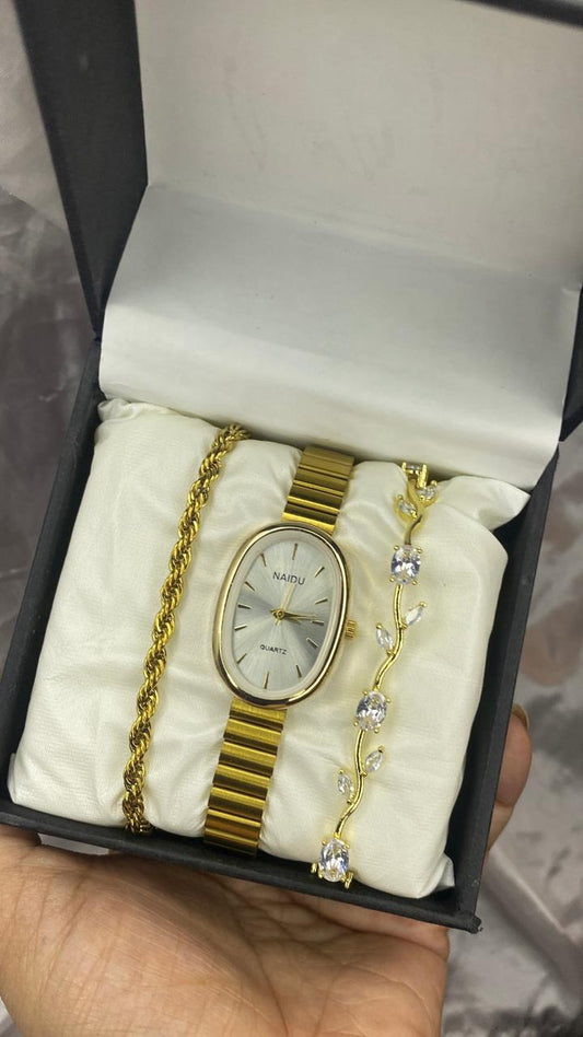 Elegant Gold-Toned Oval Watch & Matching Bracelet Gift Set for Women