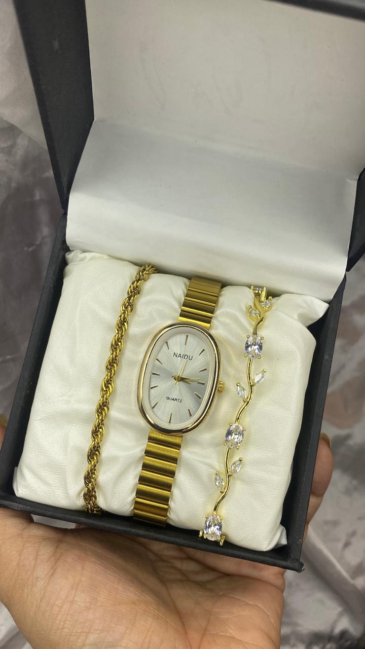 Elegant Gold-Toned Oval Watch & Matching Bracelet Gift Set for Women