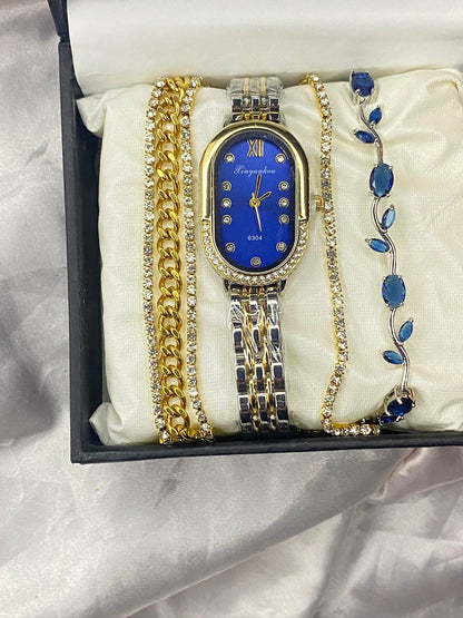 Luxury Royal Blue & Gold Oval Watch Set with Matching Crystal Bracelets – 4-Piece Gift Set