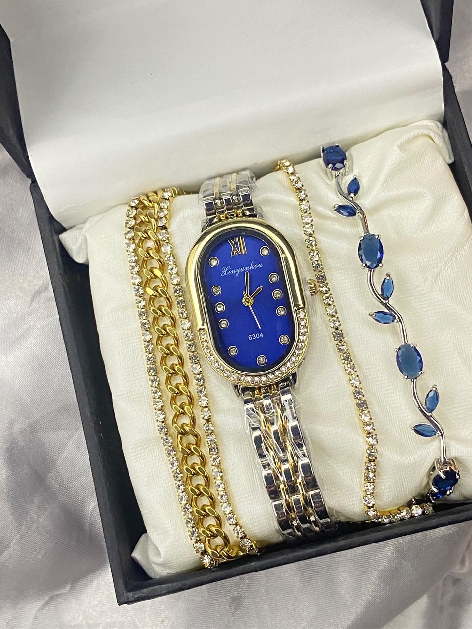 Luxury Royal Blue & Gold Oval Watch Set with Matching Crystal Bracelets – 4-Piece Gift Set