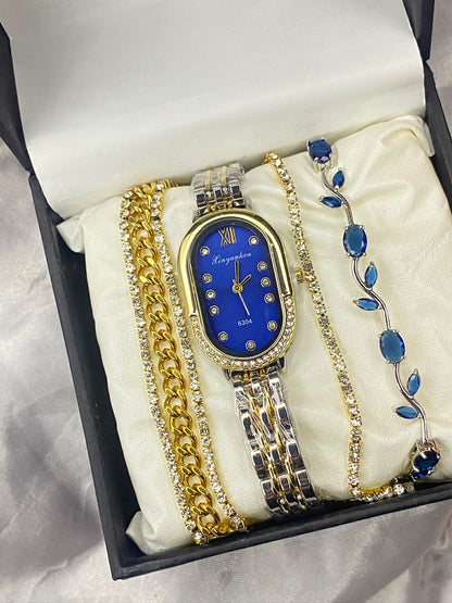 Luxury Royal Blue & Gold Oval Watch Set with Matching Crystal Bracelets – 4-Piece Gift Set