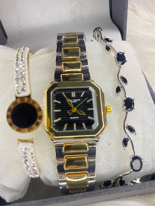 Elegant black -Toned Oval Watch & Matching Bracelet Gift Set for Women