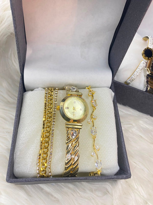 Elegant Gold-Toned Oval Watch & Matching Bracelet Gift Set for Women