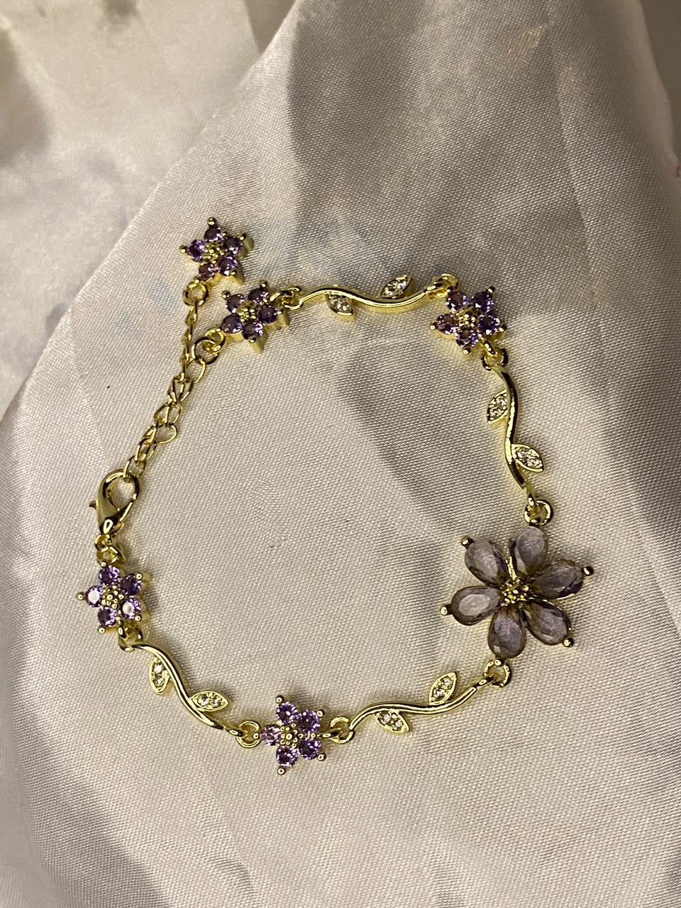 Gold-Plated Lavender Crystal Flower Vine Bracelet for Women