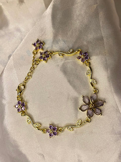 Gold-Plated Lavender Crystal Flower Vine Bracelet for Women