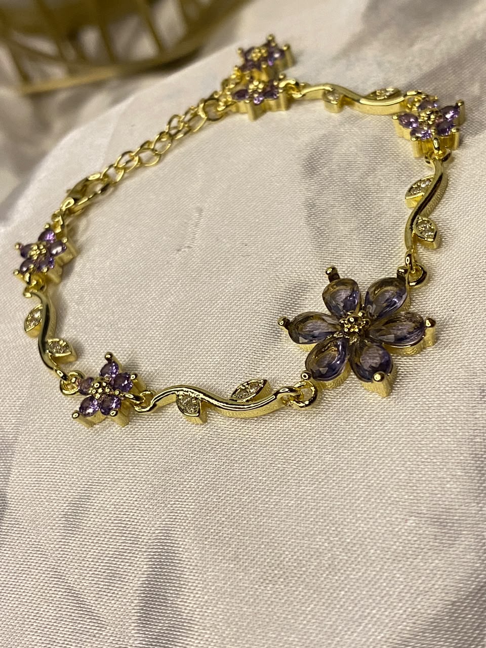Gold-Plated Lavender Crystal Flower Vine Bracelet for Women