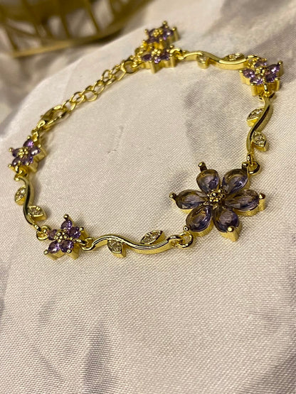 Gold-Plated Lavender Crystal Flower Vine Bracelet for Women