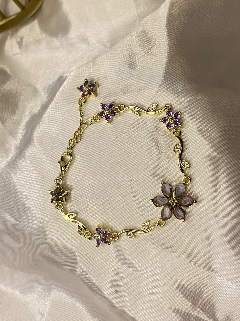 Gold-Plated Lavender Crystal Flower Vine Bracelet for Women