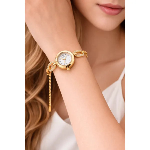 Women's Gold Chain Link Bracelet Watch, Round Dial with Crystal Embellishments, Vintage Style