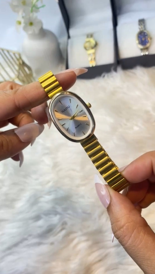 Luxury Gold Oval Women's Watch – Stainless Steel Quartz Wrist Watch
