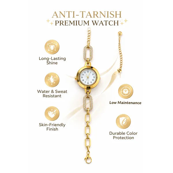 Women's Gold Chain Link Bracelet Watch, Round Dial with Crystal Embellishments, Vintage Style