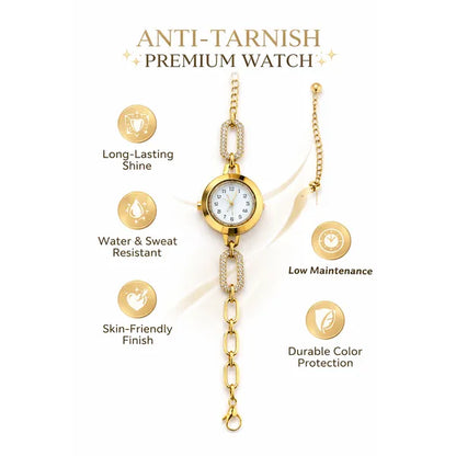 Women's Gold Chain Link Bracelet Watch, Round Dial with Crystal Embellishments, Vintage Style