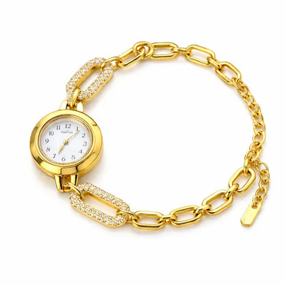 Women's Gold Chain Link Bracelet Watch, Round Dial with Crystal Embellishments, Vintage Style