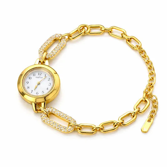 Women's Gold Chain Link Bracelet Watch, Round Dial with Crystal Embellishments, Vintage Style